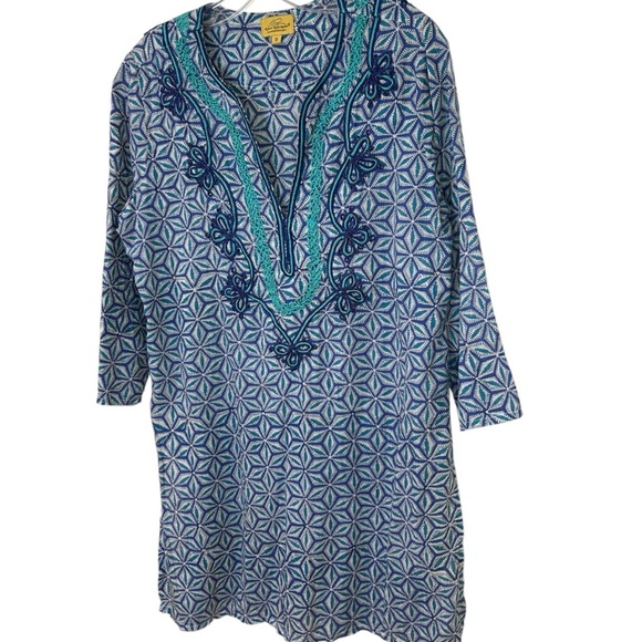 Roberta Roller Rabbit - Cotton, Embroidered Tunic Top, Geometric - Size S, Blue - Picture 4 of 16